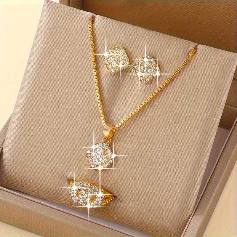Luxury Cube Jewelry Set Women's Elegant Necklace Earrings & Ring Set Perfect Gift for Valentine's Day Christmas Gift