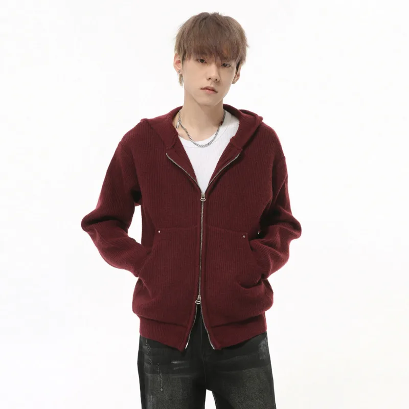 SYUHGFA Niche Design Men's Cardigan Solid Color Design Hooded Casual Knitting Tops Double Zippers Loose Male Hooded Sweater 2024