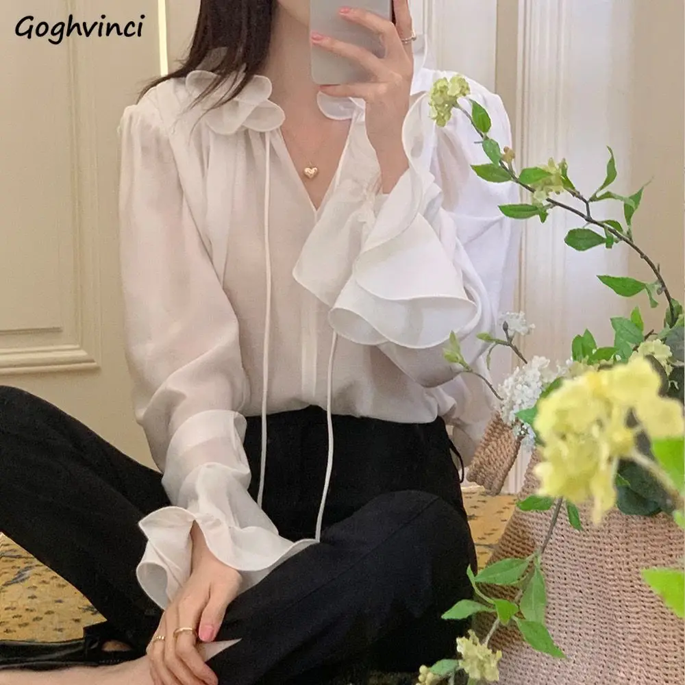 

Shirts Women V-neck French Casual Style Solid Shirring Butterfly Sleeve Breathable Ruffles Elegant Ladies Drawstring Soft Trendy