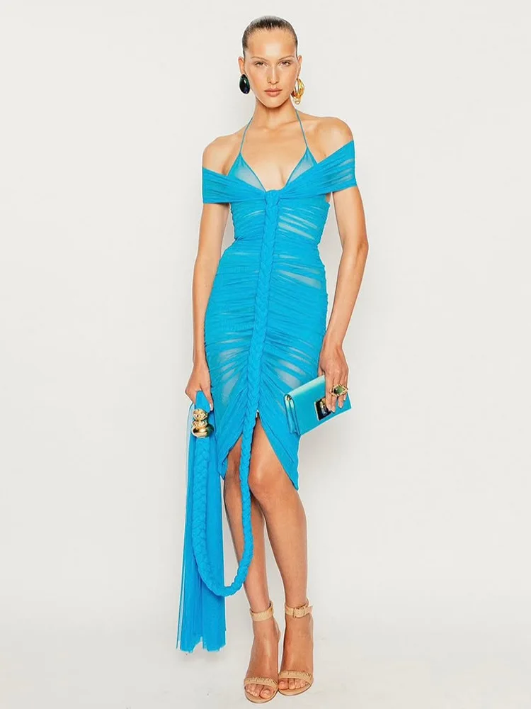 2025 Frauen Promi Sexy Liebsten Mesh Geraffte Blau Midi, Figurbetontes Kleid Elegante Abend Club Party Outfit