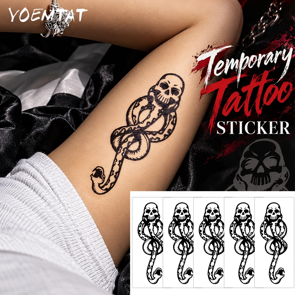 5pcs Skull Snake Temporary Tattoo Stickers, Waterproof Dark Mark Pattern, Gothic Body Art Fake Tattoo For Arm Thigh Men Women