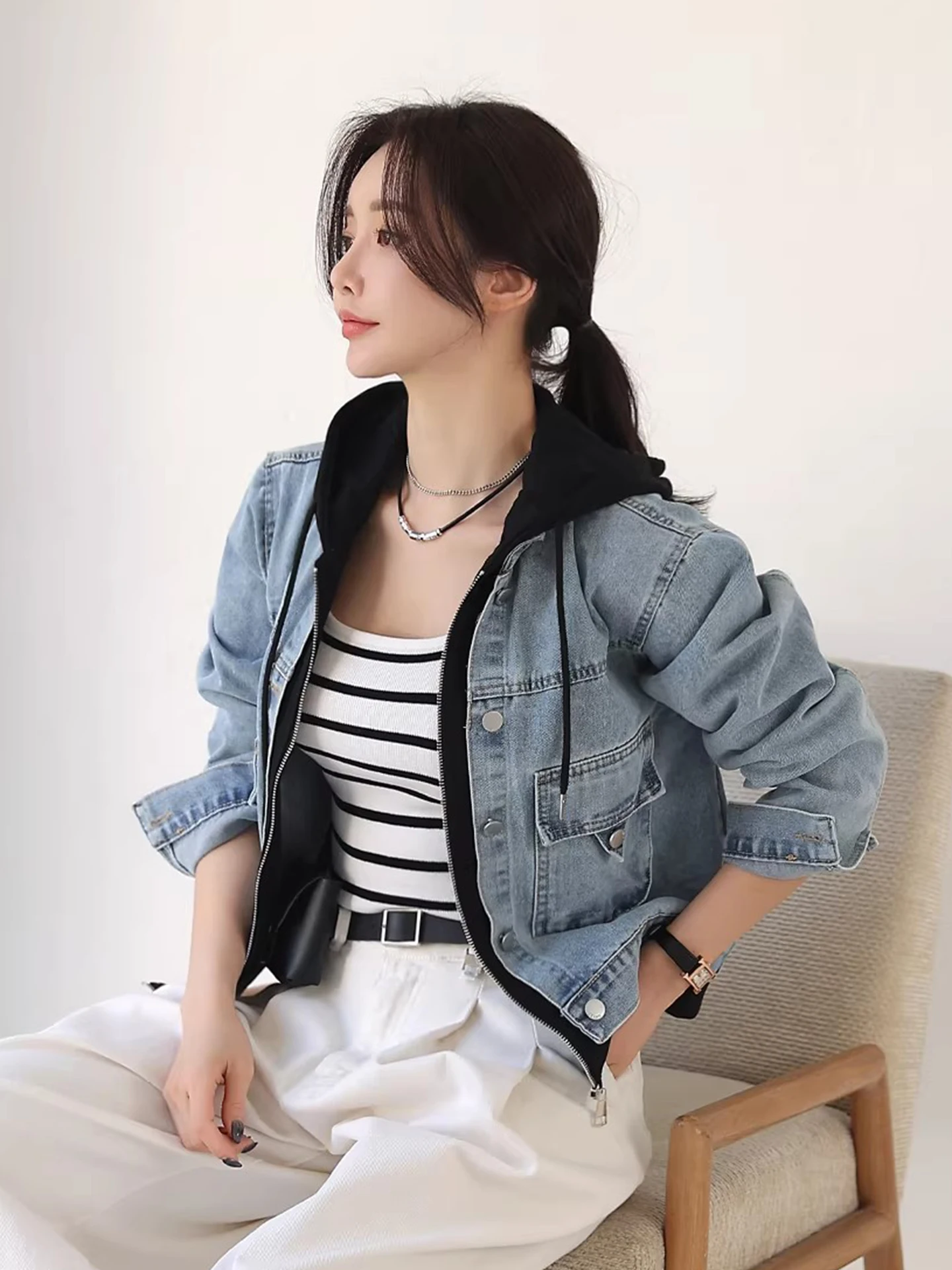 

Casual Loose Women's Hoodie Denim Jaet Spring New Sle Design Sense Splicing Outerwear Polyester Cotton Blend Zipper Closure
