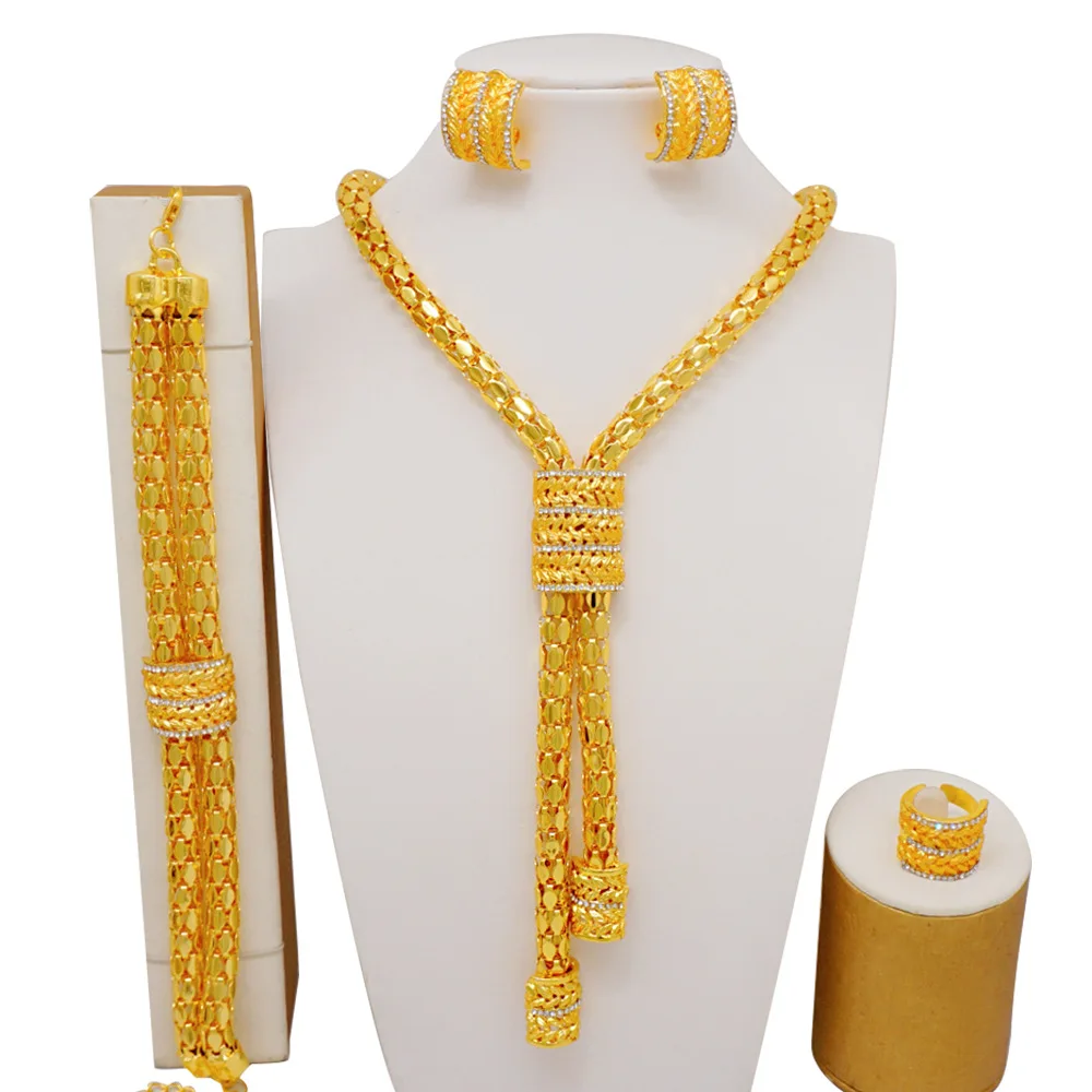 Women Dinner Party Jewelry Set Necklace Earrings Bracelet Ring Elegant Evening Costume Accessory Suit