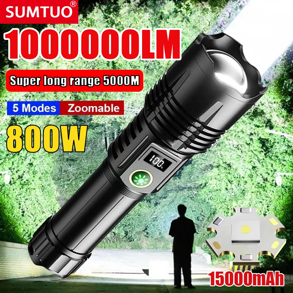 

1000000LM Most Powerful LED Flashlight Rechargeable Type-c Flashlight Long Range 5000M Tactical Torch Light For Fishing Hunting