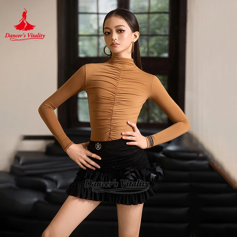 Abbigliamento da allenamento latino per adolescenti a maniche lunghe Samba Chacha da ragazza 2 colori tuta + gonna nera tuta da pratica vitalità del ballerino