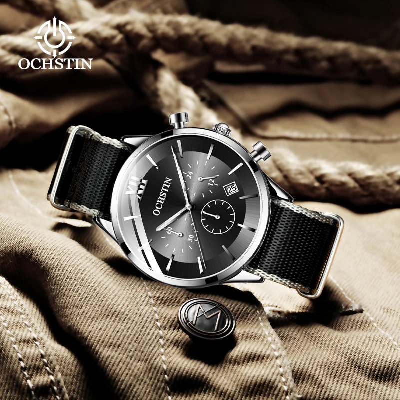 

OCHSTIN2024 Men's Quartz Watch Luxury Nylon Strap 6 Hands Watch Ultra Thin Fashion Quartz Wristwatch Men's Casual Simple Watch
