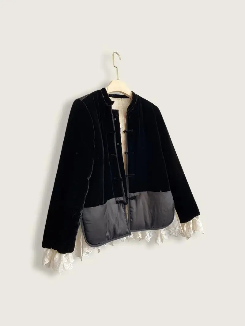 

Элегантная шелковая бархатная кружевная хлопковая куртка в китайском стиле для женщин, осенне-зимняя новинка A01582, повседневный стиль, с длинным рукавом