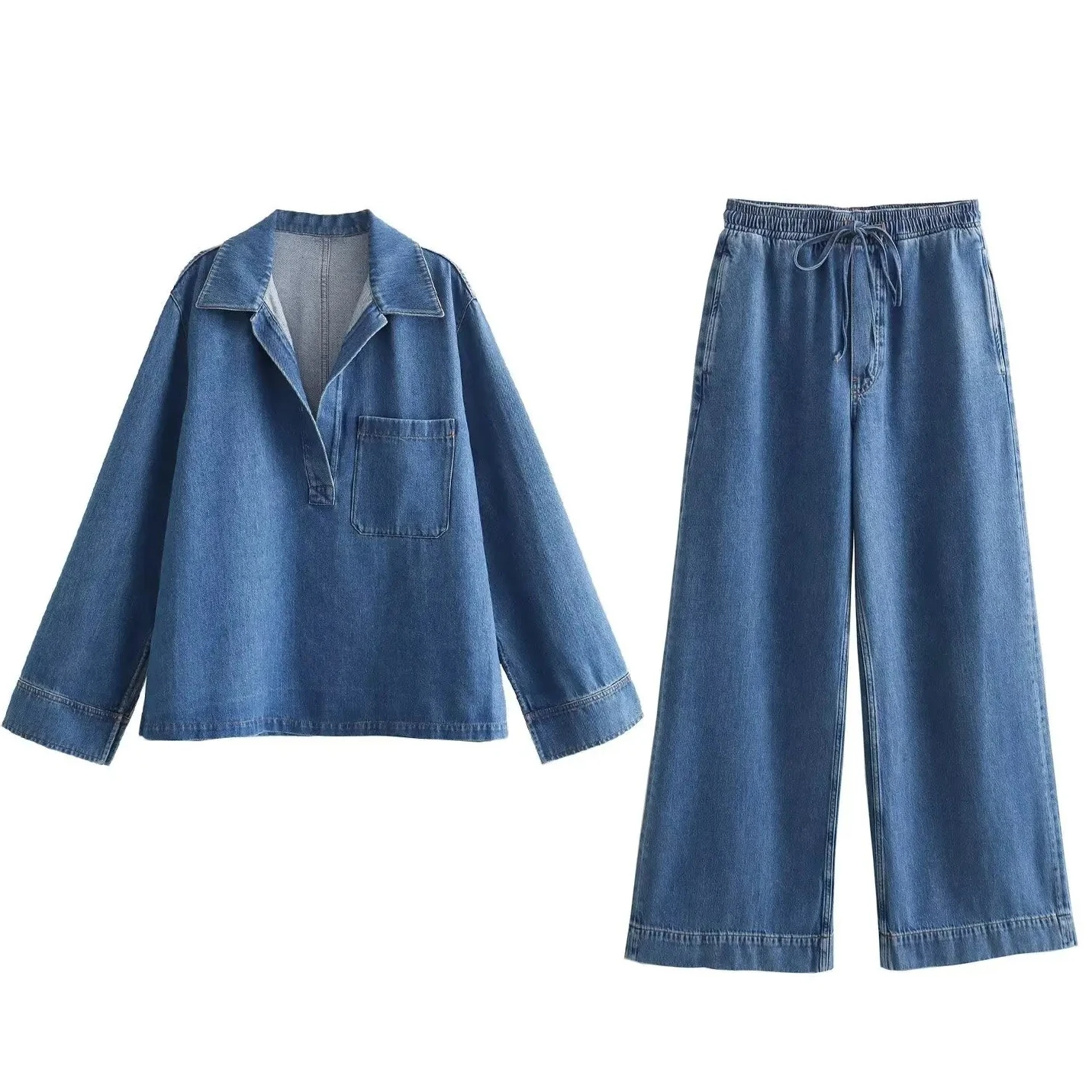 

Two Piece Sets Women Denim Top Straight Wide Leg Pants Mom Jeans Matching Sets Lace Up Trousers Ensemble Streetwear Outfits