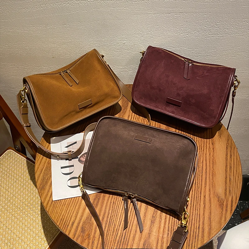 Women's Suede Bag Retro Women Genuine Suede Cowhide Leather Crossbody Bag Luxury Designer Women Brown Handbag Angola Red Fashion