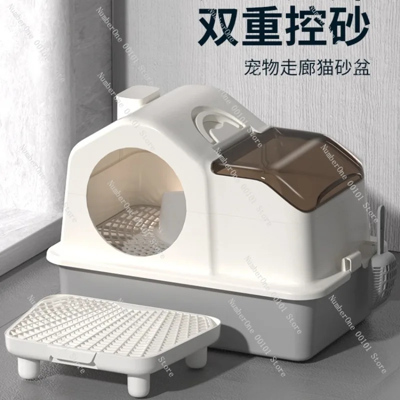 Fully Enclosed Cat Litter Box with Odor Control Corridor Design Anti Splash Cat Toilet Large Deodorizing Sand Tray Covered Kitty