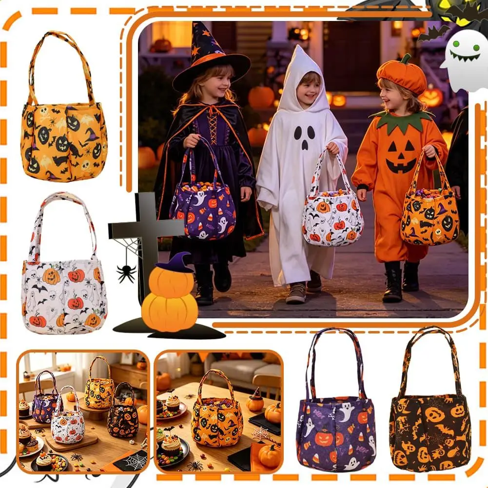 Portable Halloween Candy Bag Double-Handed Non-Woven Spooky Pumpkin Candy Bucket Handheld Tote Storage Bag Trick-or-Treat Bag
