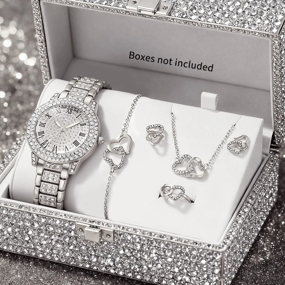 6pcs Women'S Elegant Rose Golden-Tone Quartz Watch & Jewelry Set - 6pcs Set with Heart-Shaped Pendant Necklace, Bracelet