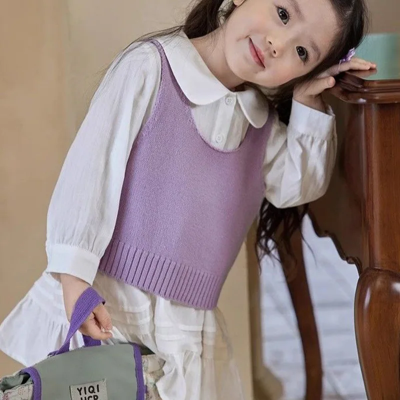 Girls Vest 2025 Spring Autumn New Korean Version Knitted Sweater for Wearing Solid Color Vest Top Versatile