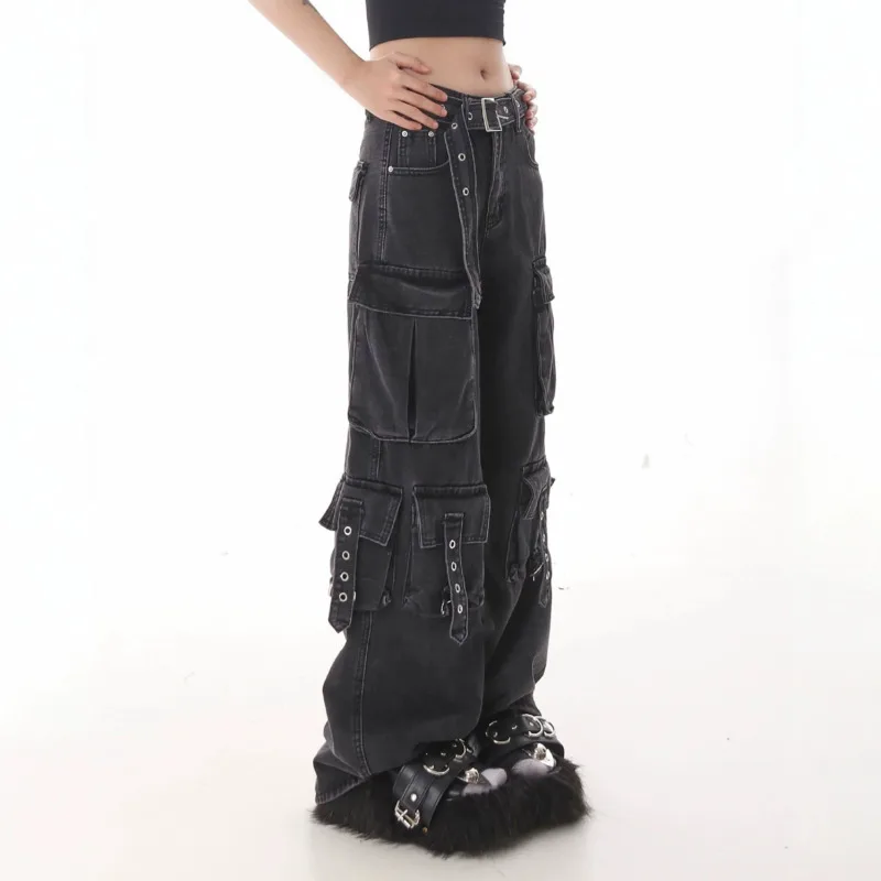 ANJY Spring Autumn New Women Safari Style Loose Vintage Multi-pocket Wide Leg Jeans Dark Punk Fashion Stylish Denim Pants A28035