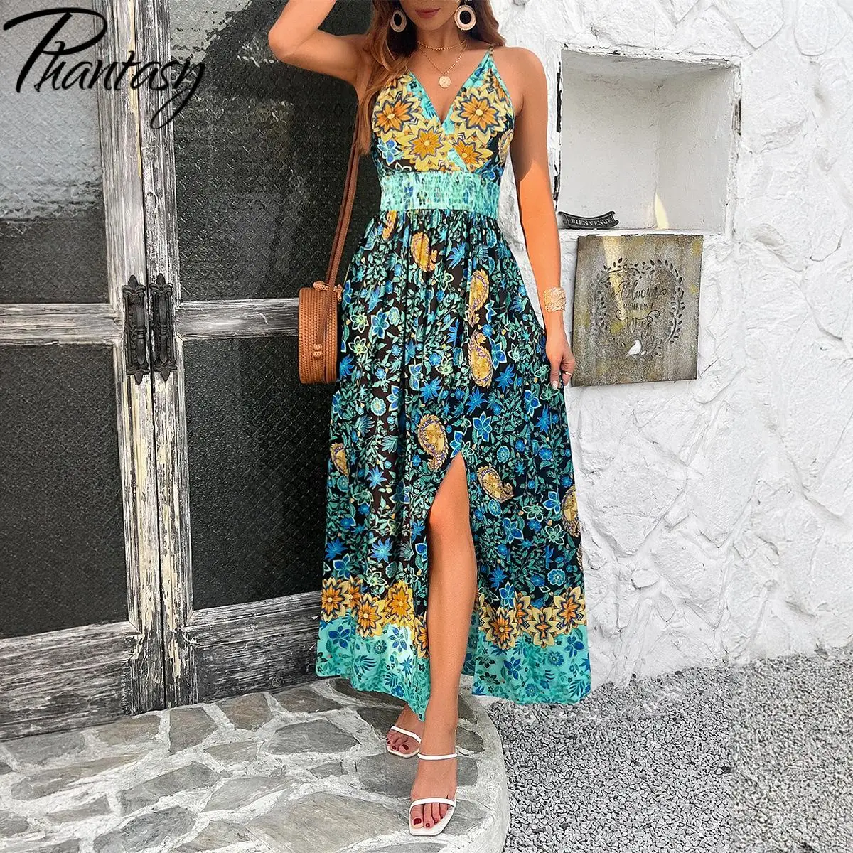 Phantasy Bohemia Long Dress Green Vintage Pattern Strap Dresses Summer Women V Neck Slit Skirt Beach Vacation Casual Gown