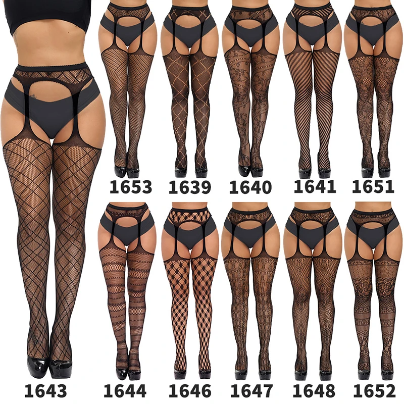 Erotic Stockings with Garter Belt for Women Fishnet Pantyhose Thigh High Socks Sexy Women\'s Tights Black Stockings