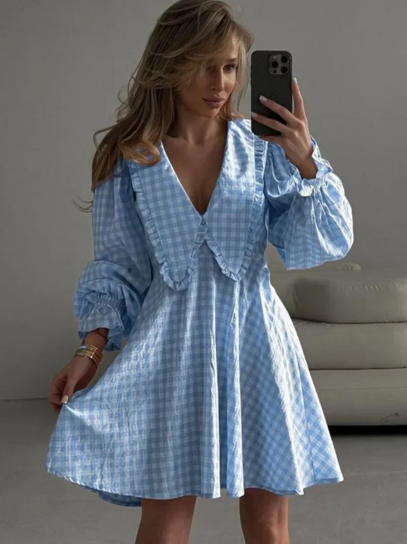 Woman Clothing Long Sleeve High Waist A-line Plaid Dress 2024 Fall Sweet Grils Ruched Tunics Short Party Dresses Streetwear