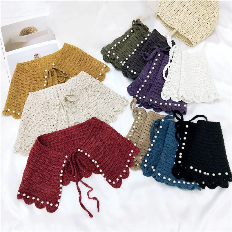 Solid Pearl Weaving Crocheting Pattern Shirts Blouse Sweater Detachable Collars Fake Scarf Shawls Imitation Collar Decoration