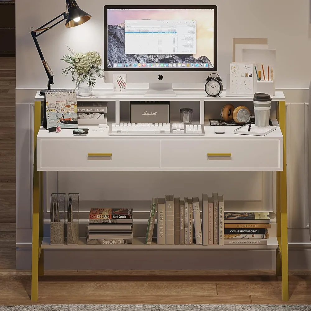 

Modern Computer Desk Home Office Desk with Monitor Stand and Built-in Hutch Writing Desk Workstation Table with Bookshelf