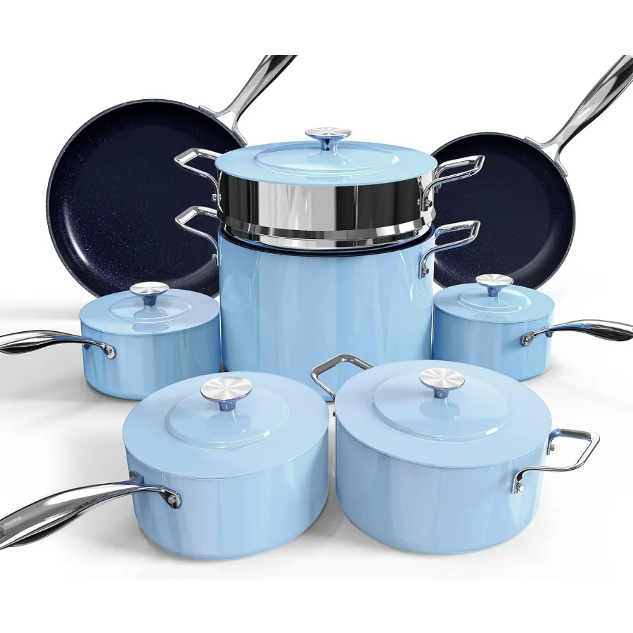 

13pc Forged Lightweight Cookware Set PFAS Free, Healthy G10 Duralon Ceramic Coating, Ultra Non-Stick, Stay-Cool Handles, Works