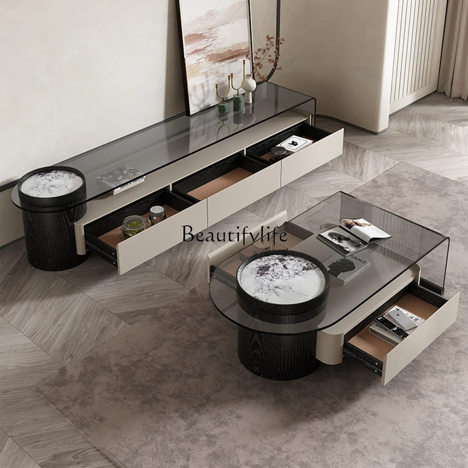 

jj LPremium Italian minimalist retractable coffee table living room tempered glass high-end tea table rectangle