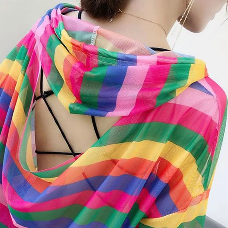 2024 NEW Thin Summer Coat Striped Mesh Splicing Hooded Backless Transparent Long Sleeved Sun Protection Shirt Jacket Female