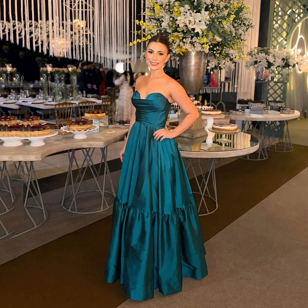 

Msikoods Satin Prom Dresses Women 2025 A-line Pleated Strapless Tiered Elegant Wedding Party Gown Evening Dress Customized