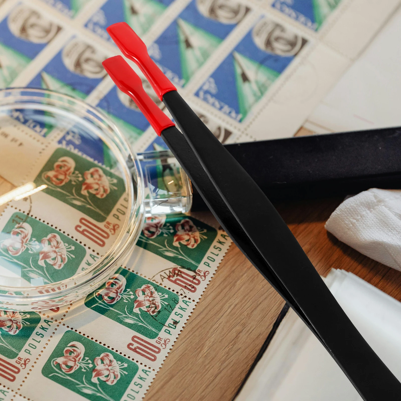 

Stainless Steel Tweezers Black Flat Tip Red Rubber Coating Multiuse Tool For Stamp Coin Eyelash Collectors