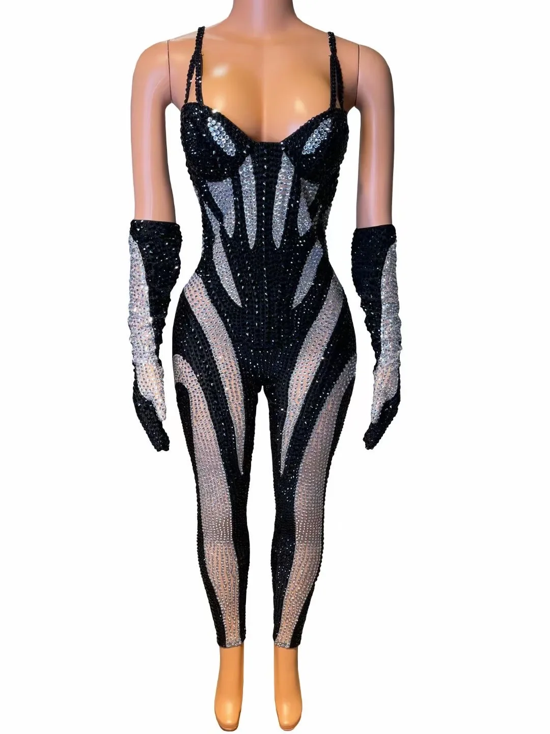 

Shining Rhinestones Black Spaghetti Strap With Gloves Sexy Jumpsuits For Women Nightclub Prom Clothing Pole Bar Costumes