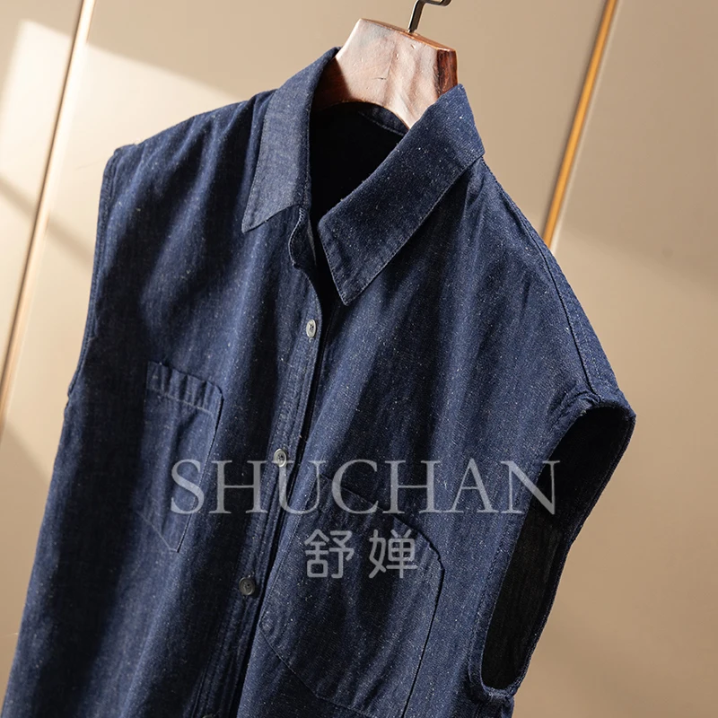 French  High-quality Yarn-dyed Linen + Cotton Arc Pendulum Sleeveless Shirt Women's 1Y47 Women Tops Blusas Mujer