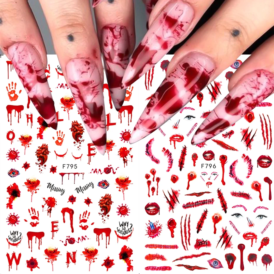4pcs Halloween Nail Stickers Blood Hand Heart Scar Skull Self-adhesive Sliders Japanese Horror Anime Nail Decals Manicure Decor