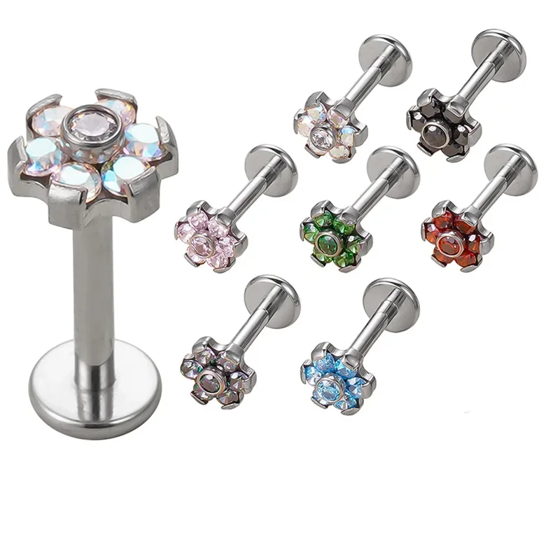 G23 Ttianium zirconia Stone Flower Labret Stud Lip Ring Ear Cartilage Tragus Internally Threaded Piercing Sexy Jewelry wholesale