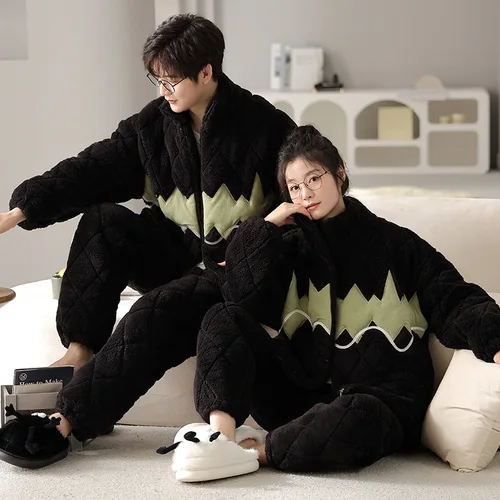 한국 지퍼 플란넬 잠옷 남녀공용, 겨울 잠옷 세트, 3 레이어 두꺼운 산호 플리스 잠옷  Best5