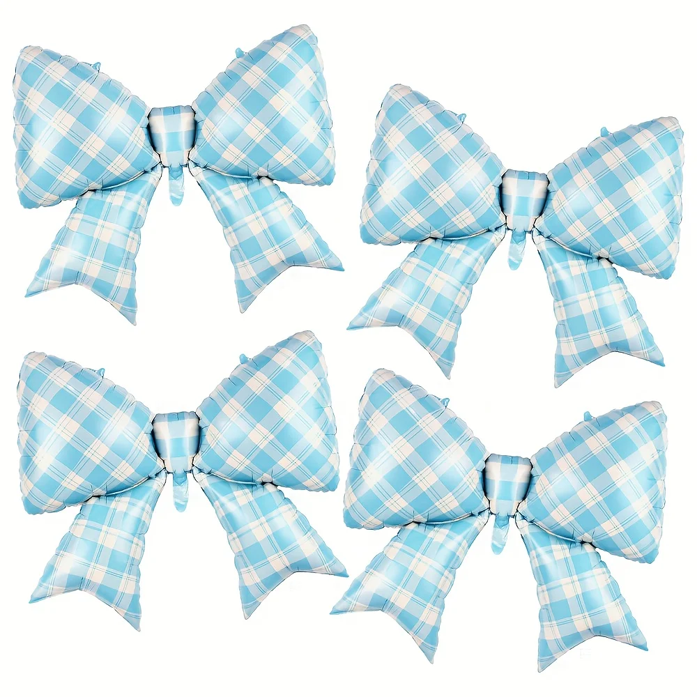 4-teiliges Set Extra Große 38-Zoll Blau-Weiße Gingham-Schleifenballons Elegante Partydekoration für Geburtstag Hochzeit Festival Foto-Requisiten