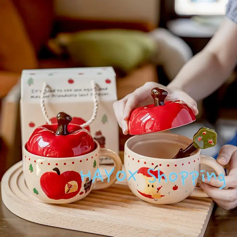 Christmas Apple Ceramic Cup, Vintage Girl\'s Apple Cup with Lid and Spoon Mug，Christmas Gift Coffee Couple Milk Breakfast Mugs