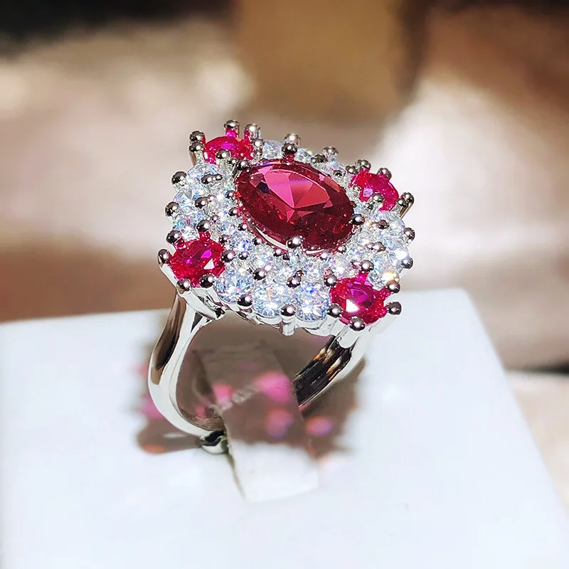 Feminino Red Gemstone Pombo Anel Banquete de Casamento, Cocktail Ball Acessórios, Prata 925, Novo Simulação Presente, Atacado