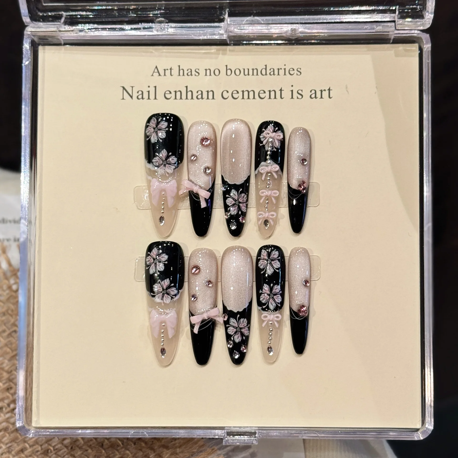 

10 шт., легкие роскошные длинные шпильки ручной работы, французский пресс на ногтях, сверкающий фиолетовый кошачий глаз, бант, цветочный дизайн, накладные ногти, носимые