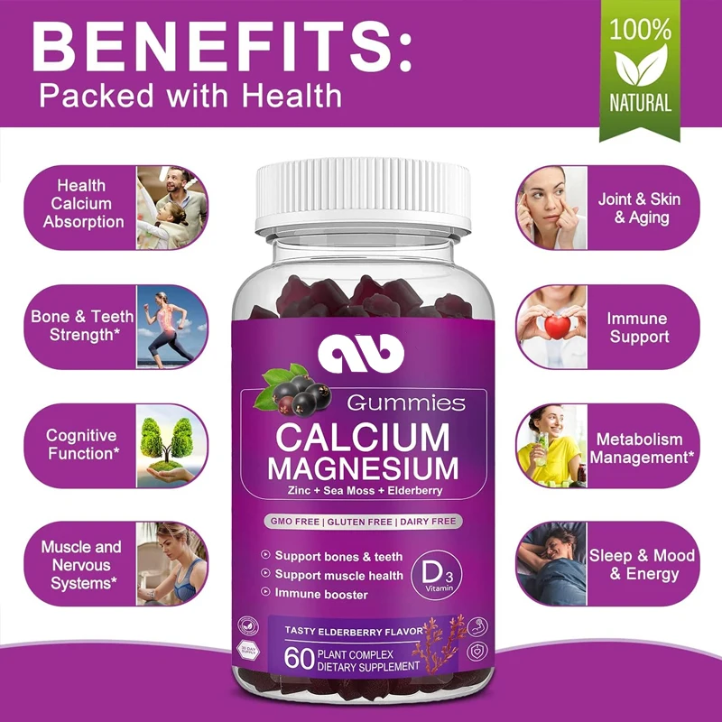 Calcium magnesium zinc gummies contain 200mg of magnesium glycinate, potassium, and D3, which support bones, muscles, and joints