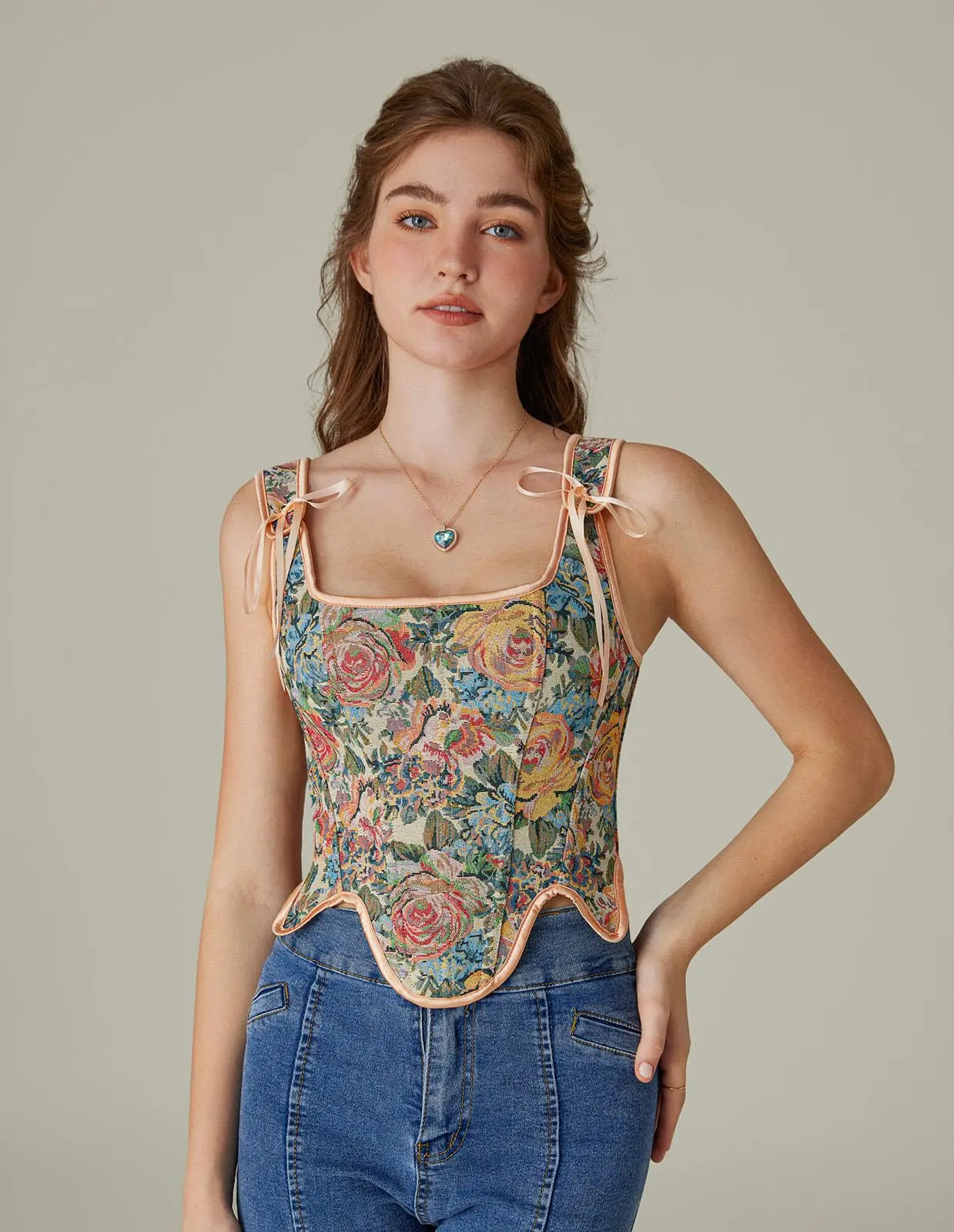 Women Renaissance Corset Tops Floral Lace Up Bustier Tops