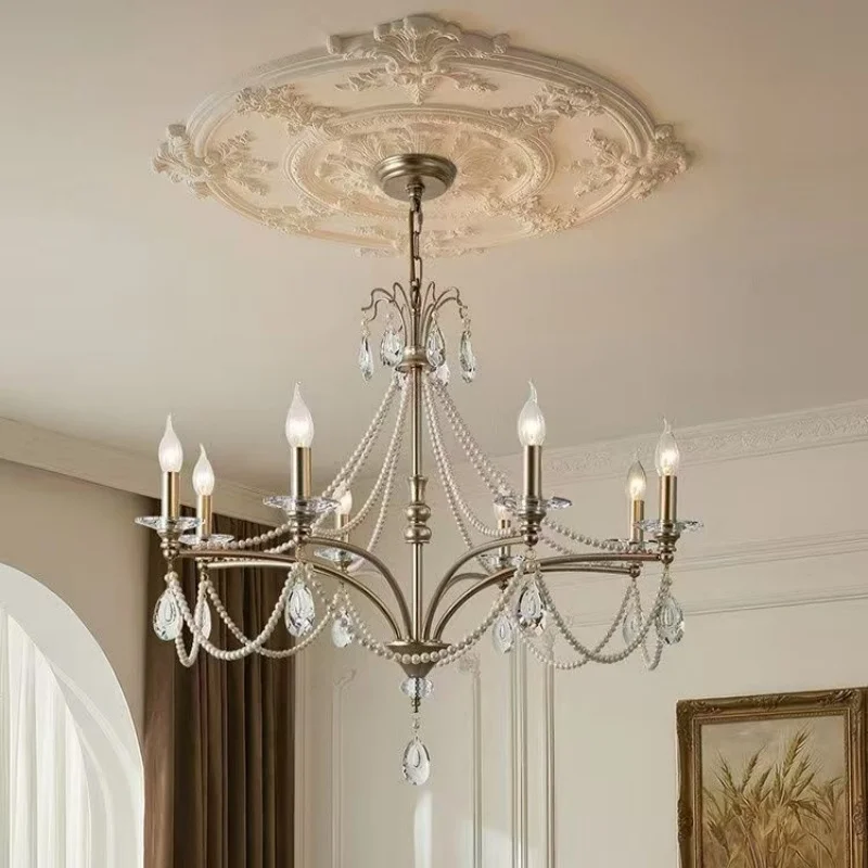 

French Pendant Light Living Room Dining Room Simple American Retro Villa Crystal Light Luxury Creative Pearl Bedroom Master Lamp