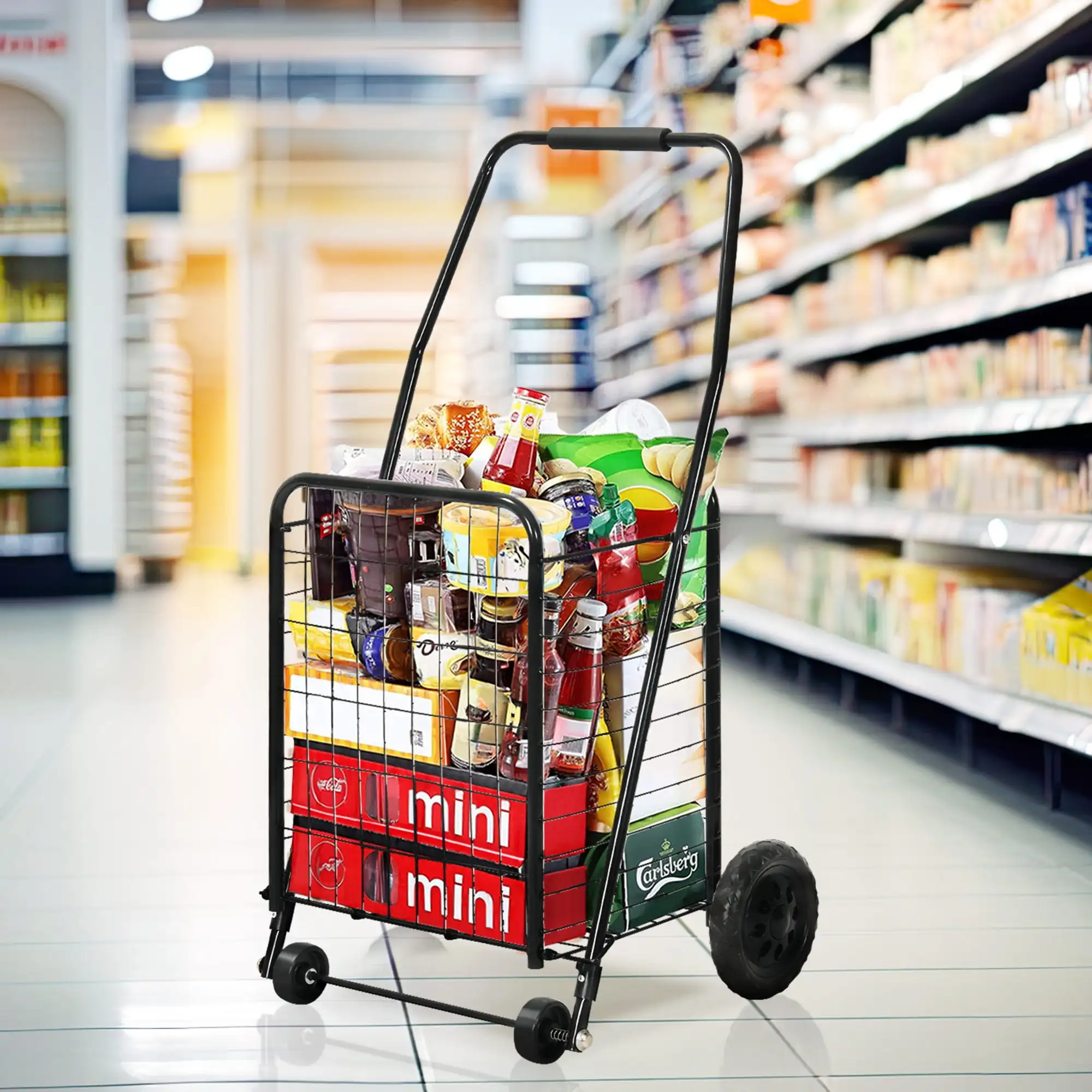 

Folding Shopping Cart, Heavy Duty Rolling Grocery Cart with Lockable Wheels and Adjustable Handle