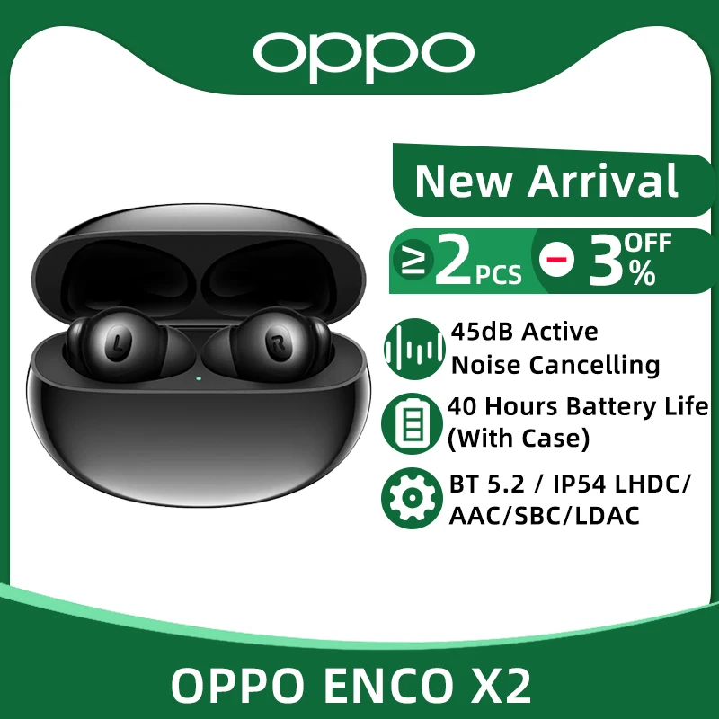 

OPPO ENCO X2 TWS Wireless Earphone Bluetooth 5.2 Active Noise Cancelling Qi Wireless Charging Headphone LHDC Earbuds For Find X5