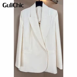 8.1 GuliChic Women Temperament Lapel Collar Side Single Button Blazer Or Irregular High Waist Straight Pants Office Lady Set