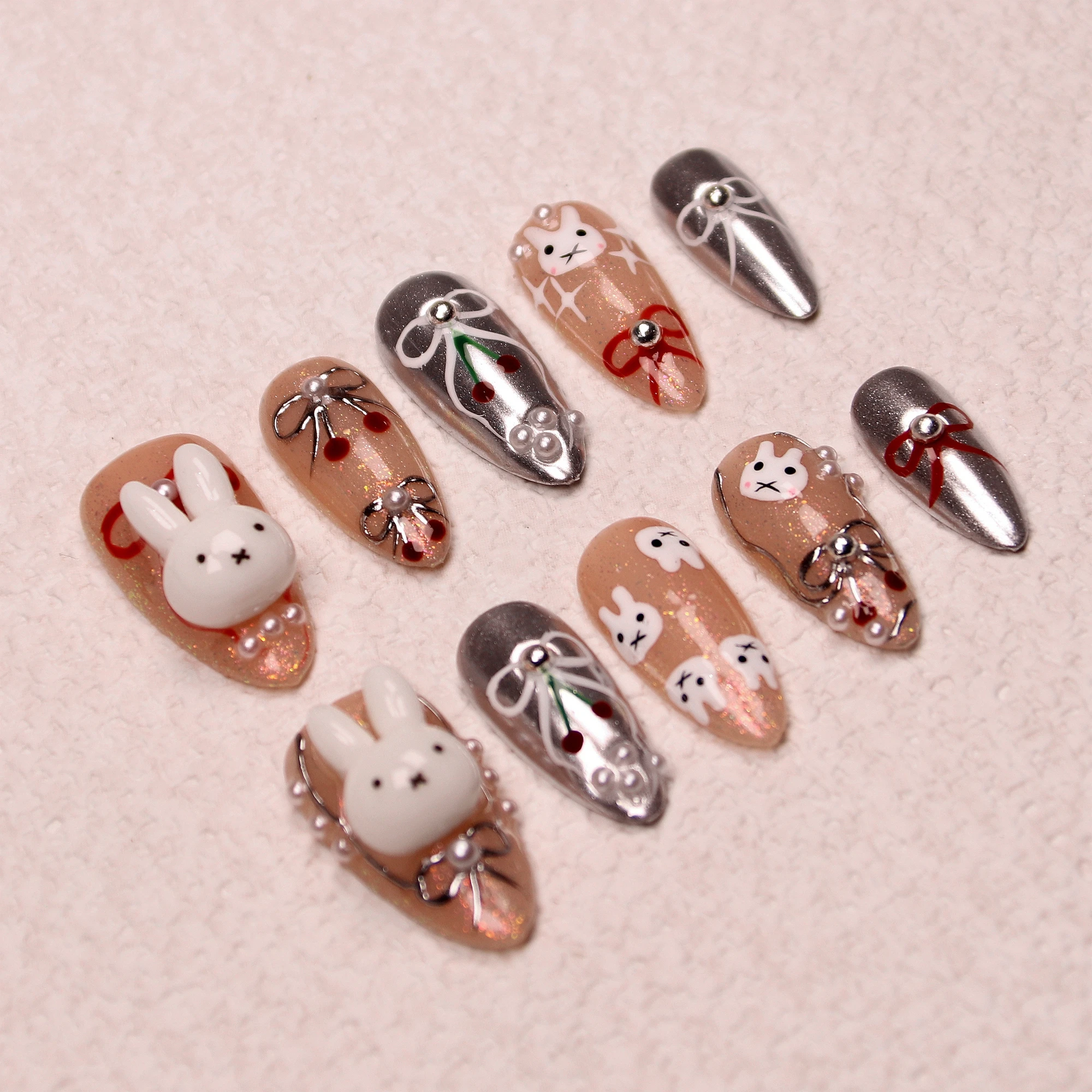 10Pcs Romance Hues Pink Press Hand-Painted Rabbit bow nails gift,Japanese nails,y2,Custom Nails for  Birthday Party Holiday