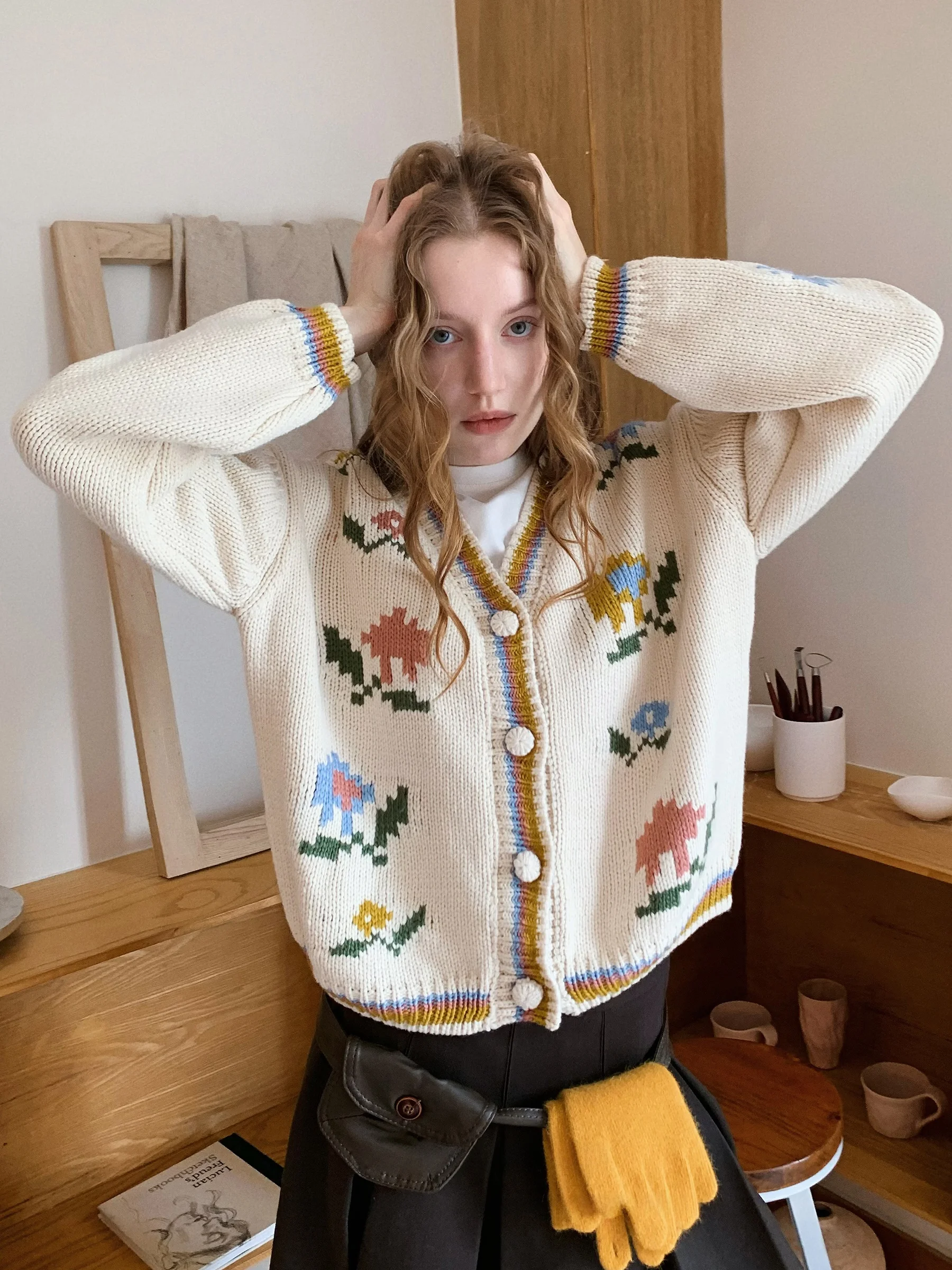 

Вязаный кардиган JDE Retro Lazy Sle для женщин, свободный зимний свитер, верхняя одежда, базовый слой, с цветочной вышивкой, в стиле колор-блок