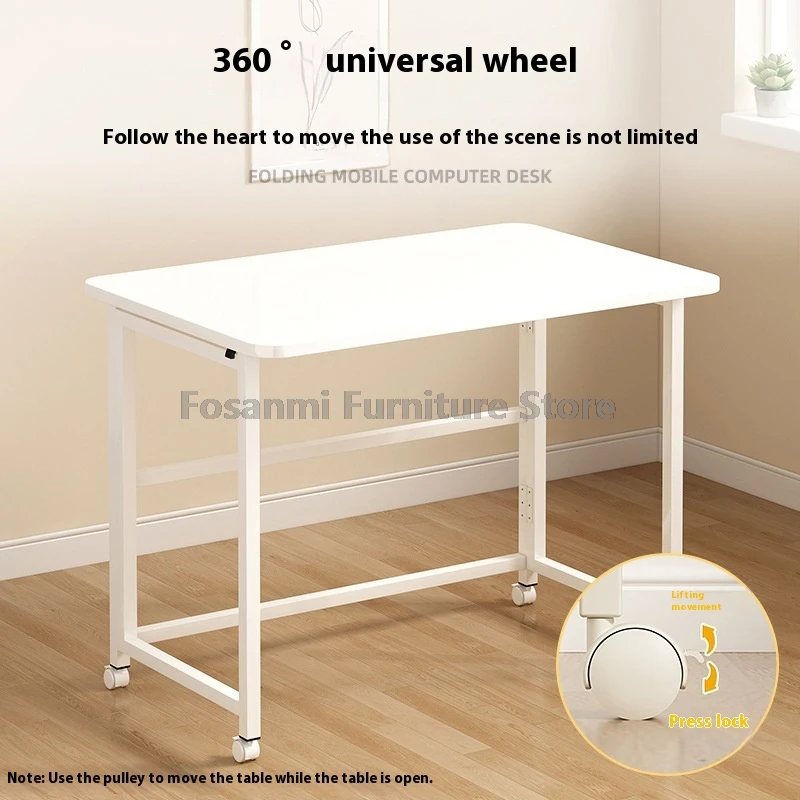 مكتب مكتب منزلي بسيط قابل للطي مع مساحة تخزين، مكتب كمبيوتر صغير قوي ومحمول، طاولة ألعاب للكتابة باللون الأبيض مع عجلات