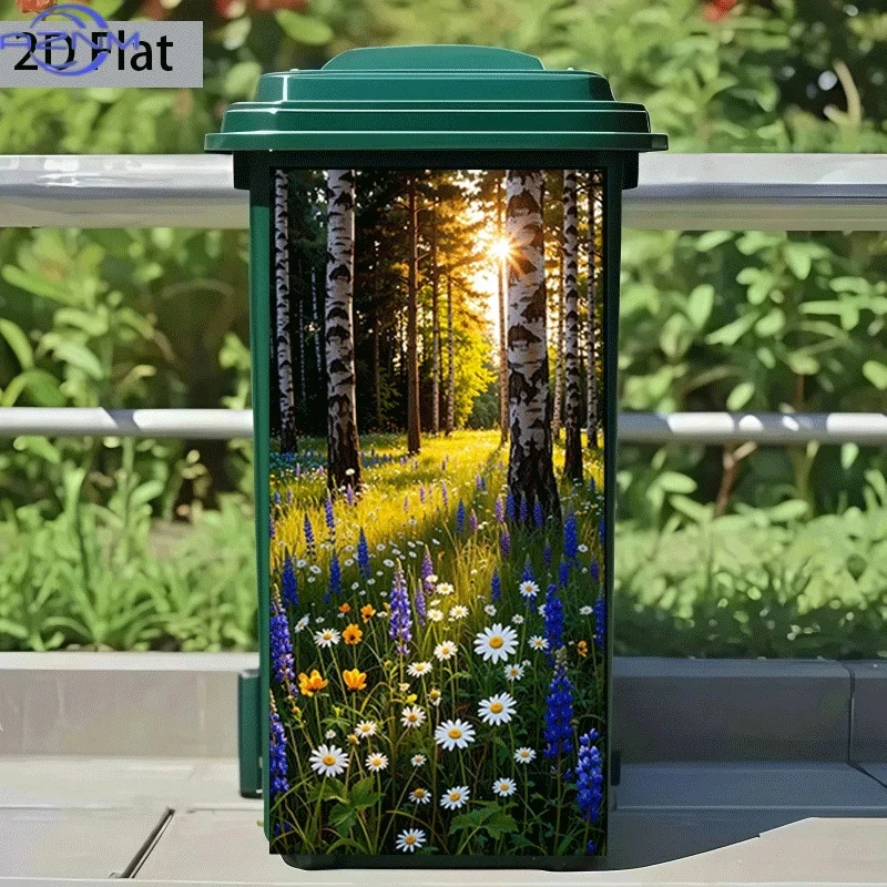 2D Flat Printing 1pc Trash Can Sticker, Birch Forest Flower Path Morning Light Theme Design, Self-Adhesive Wall Decal Wallpape