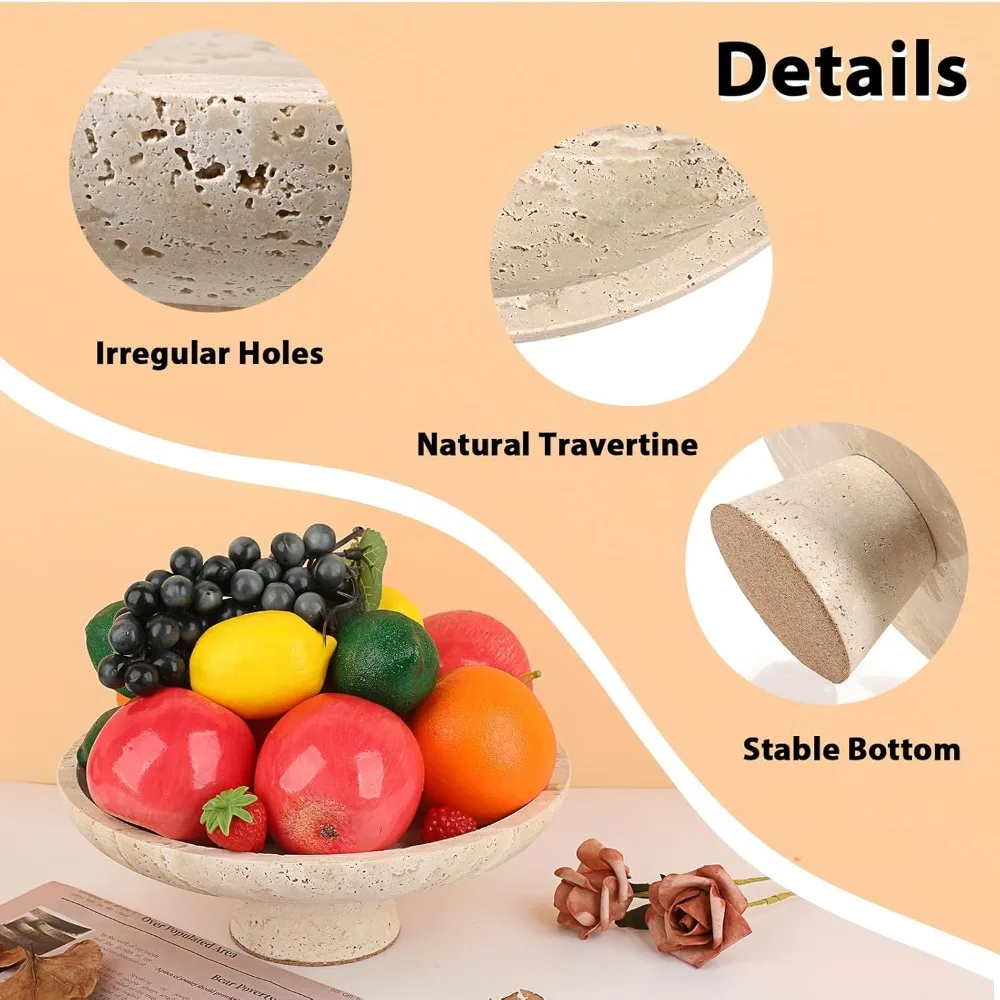 Grand bol à fruits en travertin naturel de 10 pouces, bol de comptoir de cuisine en pierre décorative pour fruits et usage décoratif