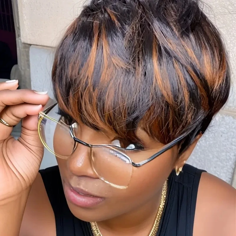 ストレート人毛ウィッグ ピクシーカット人毛ウィッグ 前髪付き フルマシンメイドウィッグ オンブレカラーウィッグ