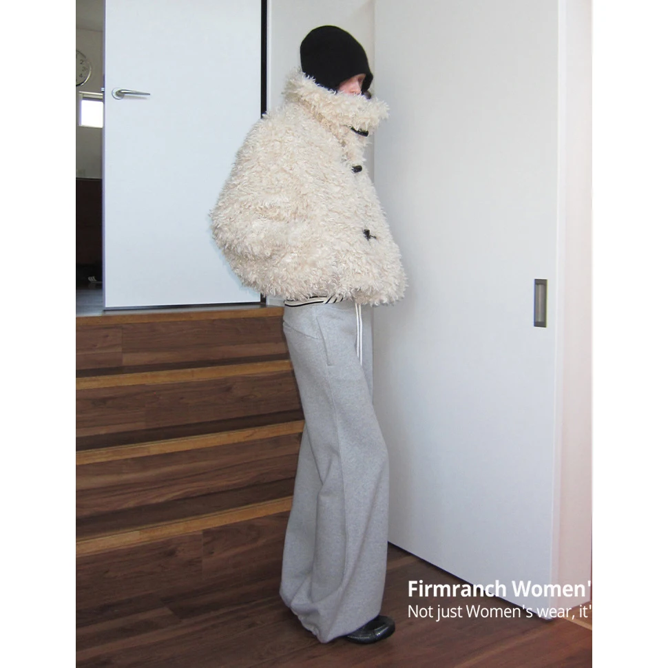 Firmranch New Big Lapel Horn Button Short faux fur Jackets For Women Suede Lined Eco-friendly Fur Coat Warm Winter Outfits